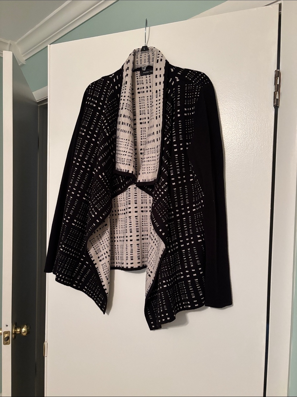 Ivanka Trump Black and Cream Open-Front Draped Cardigan